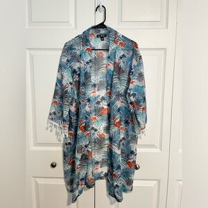 Saywhat? Tropical flamingo Sheer coverup. NWOT blue OS